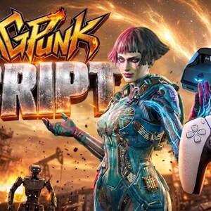 May include: A promotional graphic for FragPunk Script featuring a character in a teal and blue cybernetic suit, a white and black game controller, a small black electronic device, and robotic figures against a fiery, war-torn background.