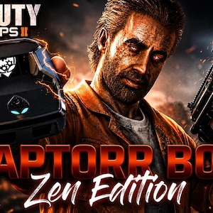 Op de afbeelding: Een zwarte elektronische gaming controller adapter met het label Raptor en een gloeiend blauw licht, vastgehouden naast een zwart vuurwapen. De afbeelding bevat de tekst Call of Duty Black Ops II, RAPTORR BO2 en Zen Edition tegen een donkere, vurige achtergrond.