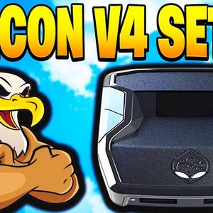 Pode incluir: A imagem apresenta o texto "FALCON V4 SETUP" em amarelo e laranja. Uma águia de desenho animado com os braços flexionados está à esquerda. Um dispositivo preto e prateado com detalhes azuis está à direita.