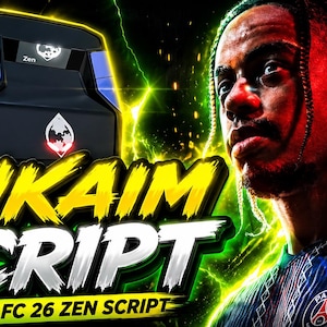 Puede incluir: Un adaptador de mando de juego negro y azul con un logotipo central, junto al retrato de un futbolista con camiseta azul oscuro. La imagen presenta efectos de rayos amarillos y el texto en negrita LUKAIM SCRIPT BEST FC 26 ZEN SCRIPT.