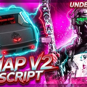 May include: A promotional image with a futuristic theme. It features a black device with the text "CRIMSON SCRIPT" on a screen, surrounded by neon blue lightning. The words "SNAP V2 SCRIPT" are prominently displayed. A person in tactical gear is holding a weapon.