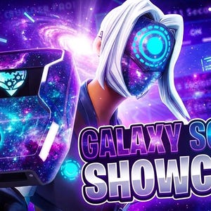 May include: A futuristic design featuring a device with a galaxy pattern and the text "Zen". The image also includes a person wearing a mask with a galaxy design and the words "GALAXY SCRIPT SHOWCASE". The color scheme is dominated by purple and blue.