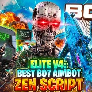 Op de afbeelding: Digitale illustratie met een robotisch schedel met gloeiende rode ogen en een futuristisch wapen. De afbeelding bevat de tekst "ELITE V4: BEST B07 AIMBOT ZEN SCRIPT" en "PREMIUM SCRIPT DETECTED". Explosies en digitale elementen creëren een dynamische scène.