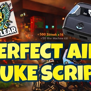 Op de afbeelding: Afbeelding toont een zwart en blauw gaming-apparaat met de tekst "Zen" en een logo. Een sticker met een schedel, vleugels en een slang is zichtbaar, samen met het woord "NUCLEAR". De woorden "PERFECT AIM NUKE SCRIPT" worden in grote gele letters weergegeven.