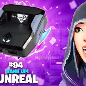 以下が含まれることがあります： 画面に「Zen」の文字が表示された黒とグレーの電子機器。画像は、「Rank Up! Unreal」という言葉と漫画のキャラクターが描かれた紫色の背景が特徴です。