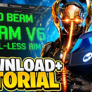 May include: A black and blue electronic device with a circular logo, displayed alongside a digital interface featuring the green text AUTO BEAM BEAM V6 RECOIL-LESS AIM and the bold yellow text DOWNLOAD+ TUTORIAL against a dark, glowing background.