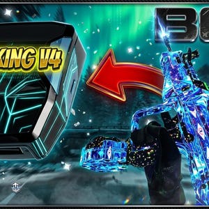 Pode incluir: Imagem apresenta um dispositivo preto com o texto "ZEN KING V4" em ouro e amarelo. Uma arma com padrões azuis e pretos é segurada em uma mão enluvada. O fundo tem um efeito aurora verde e azul.
