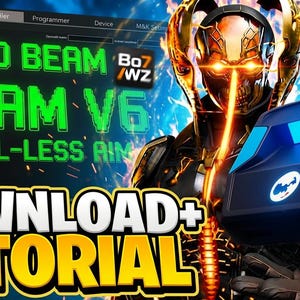 May include: A black and blue electronic device with a glowing circular logo, displayed against a digital background featuring a robotic figure and green text that reads AUTO BEAM BEAM V6 RECOIL-LESS AIM and DOWNLOAD+ TUTORIAL.