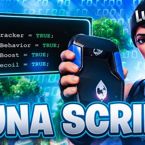 Könnte beinhalten: Eine digitale Grafik mit einer Figur, die eine schwarze Mütze mit dem Text Luna trägt und ein schwarz-blaues Gerät hält. Ein Textfeld zeigt den Code: // MODS, int AutoTracker = TRUE, int HumanBehavior = TRUE, int GhostBoost = TRUE, int AntiRecoil = TRUE. Der Text LUNA SCRIPT steht darunter.