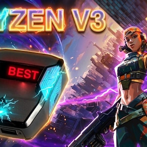 May include: A digital illustration showcasing a black electronic device with the word "BEST" in red. The device is framed by blue neon lights, with the text "KAYZEN V3" above. A female character with a gun is also in the image.