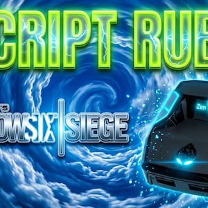 May include: Image features the text "SCRIPT RUBY" in a neon green font with a lightning effect, above the "Tom Clancy's Rainbow Six Siege" logo. A black device with blue neon accents is in the foreground, set against a swirling blue background.