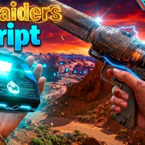 May include: Image from the video game Arc Raiders. A futuristic weapon is held in the right hand, with a glowing blue device in the left hand. The words "Arc Raiders Script" are at the top. The background shows a sunset over a futuristic landscape.