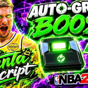 Op de afbeelding: Een zwart elektronisch apparaat met een gloeiend groen licht en logo, geplaatst naast een basketbalspeler in een geel shirt. De afbeelding bevat de tekst AUTO-GREEN BOOST, Fanta Script en NBA 2K26 tegen een paarse en groene achtergrond.