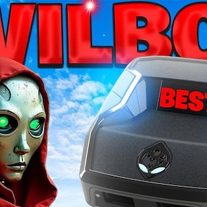 Puede incluir: Imagen de una cara de robot futurista con ojos verdes brillantes y una capucha roja, junto a una computadora negra con la palabra "BEST" en rojo. La palabra "EVILBOT" se muestra en letras rojas grandes sobre un fondo de cielo azul.