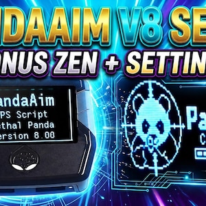 May include: A black gaming controller adapter featuring a digital screen displaying PandaAim FPS Script Lethal Panda Version 8.00. The text PANDAAIM V8 SETUP CRONUS ZEN + SETTING appears above, with a loading graphic showing a panda icon and text.