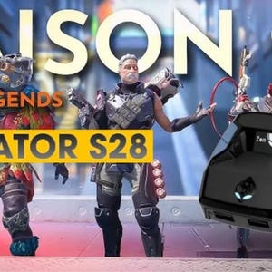 Puede incluir: Imagen promocional de Apex Legends Temporada 28, con personajes y un dispositivo de juego negro y azul. El texto incluye "SAISON 28", "APEX LEGENDS" y "PREDATOR S28". El dispositivo tiene el logotipo de Alienware.