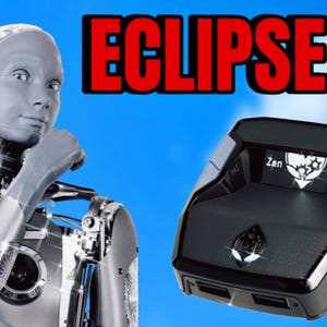 Op de afbeelding: Afbeelding toont een futuristische robot en een zwart apparaat met de tekst "ECLIPSE V5". Het apparaat heeft een klein scherm met een logo en het woord "Zen". De achtergrond is een blauwe lucht.
