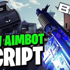 May include: The image shows a futuristic controller with "SHOCK" displayed on it, and a blue and silver rifle. The text "NEW AIMBOT SCRIPT" is in green and white. The background includes a building and sky.