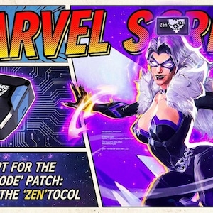 May include: A digital graphic featuring the text MARVEL SCRIPT and a black electronic device with blue accents. A character with white hair and a black suit is shown in a purple energy field. Text reads A SCRIPT FOR THE CHAOS CODE PATCH: FEATURING THE ZEN'TOCOL.