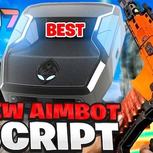 Puede incluir: Imagen que presenta un dispositivo negro y azul con la palabra "BEST" en rojo. El texto "NEW AIMBOT SCRIPT" se muestra en blanco. Un arma de fuego naranja y negra es visible en el lado derecho de la imagen.