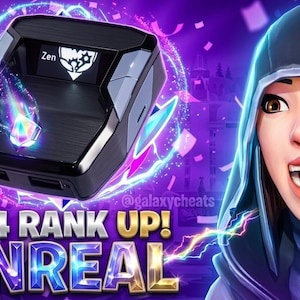 Puede incluir: Un dispositivo electrónico negro y gris con el texto "Zen" y un logotipo en la pantalla. La imagen tiene el texto "#94 RANK UP! UNREAL" y un personaje de dibujos animados con una capucha.