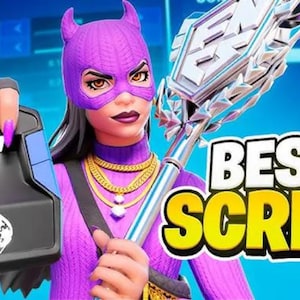 Puede incluir: Ilustración digital de un personaje con un disfraz morado inspirado en Catwoman sosteniendo un arma plateada y blanca. El texto "BEST SCRIPT" se muestra en amarillo y blanco. También hay un controlador negro.