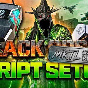 Könnte beinhalten: Ein Cronus Zen Gerät mit B07 Skript-Etikett, ein weißer Gamecontroller und eine zentrale Figur in dunkler Rüstung mit leuchtend roten Augen. Der Text lautet BLACK OPS 7, MKTL Premium SCRIPT, SCRIPT SETUP und GAMING REVOLUTION vor grünem Hintergrund.