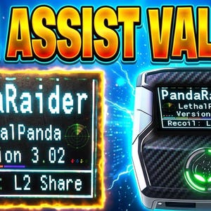 Puede incluir: Imagen con el texto "AIM ASSIST VALUES" en naranja y un dispositivo con una pantalla que muestra "PandaRaider, Lethal Panda, Version 3.02, Recoil: L2 Share". El dispositivo tiene un diseño de fibra de carbono y una luz verde.