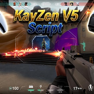 May include: A first-person perspective of a video game featuring a rifle, a white game controller, and a black hardware device. The text KayZen V5 Script is displayed in the centre. The scene shows a digital environment with a character.