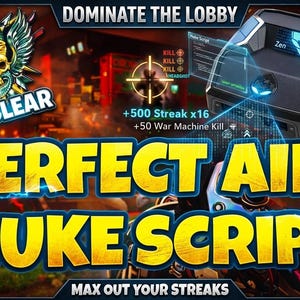 Puede incluir: Imagen promocional con el texto "PERFECT AIM NUKE SCRIPT" en letras amarillas grandes. La imagen incluye un gráfico de una calavera con alas y la palabra "NUCLEAR". También es visible un dispositivo con una pantalla, junto con texto que indica rachas de muertes.