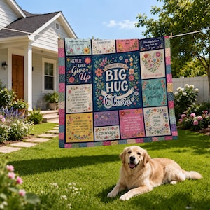 May include: A rectangular quilt featuring a patchwork design with floral patterns and inspirational text including "Sending you a big hug Olivia," "Never ever give up," and "Warrior spirit." The quilt is displayed on a clothesline outdoors.