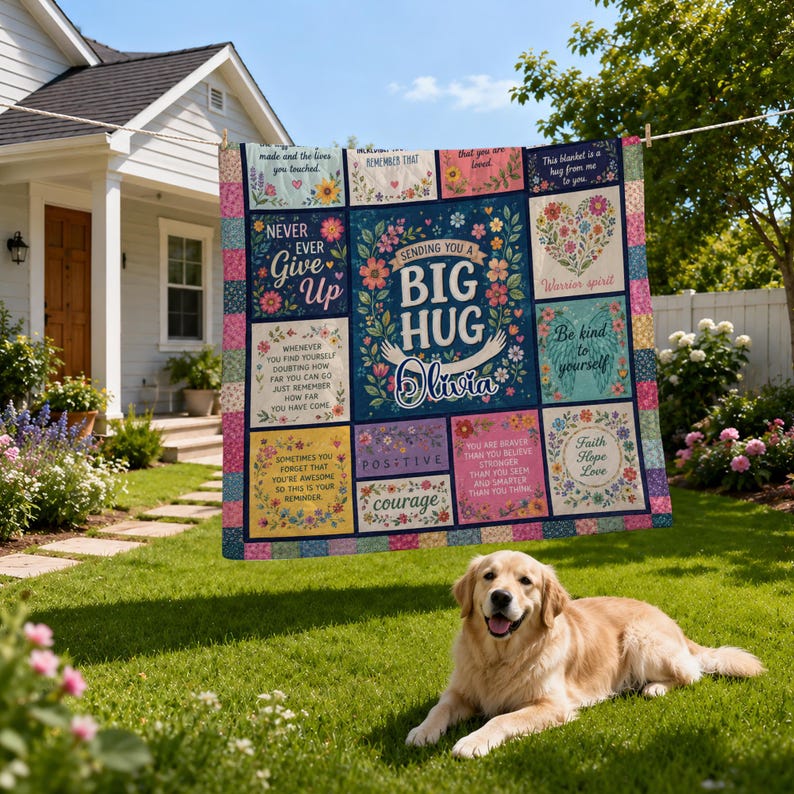 May include: A rectangular quilt featuring a patchwork design with floral patterns and inspirational text including "Sending you a big hug Olivia," "Never ever give up," and "Warrior spirit." The quilt is displayed on a clothesline outdoors.