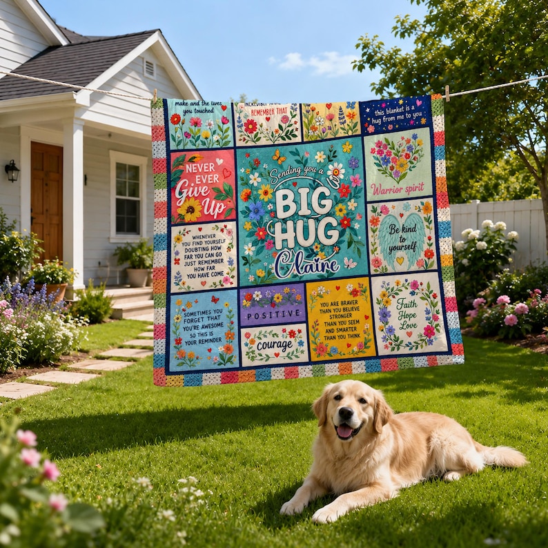 May include: A multi-colored patchwork quilt featuring floral patterns and inspirational text including 'Sending you a BIG HUG Claire', 'Never Ever Give Up', 'Warrior spirit', 'Be kind to yourself', and 'Faith Hope Love', displayed on a clothesline.