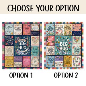 May include: Two rectangular blankets featuring a patchwork design with floral motifs and inspirational text. Each blanket displays the phrase 'SENDING YOU A BIG HUG' with a personalized name, 'Olivia' or 'Claire', surrounded by colorful flower borders.