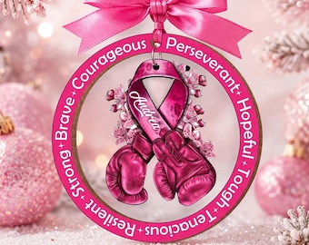 Adorno navideño personalizado para mujeres con cáncer de mama: guantes de boxeo, cinta rosa, nombre personalizado, regalo para sobrevivientes valientes, decoración para el árbol de Navidad.