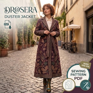 May include: A long, purple duster jacket with an intricate floral pattern. The jacket features a brown collar and belt, and the text "DROSERA DUSTER JACKET" is displayed at the top. A PDF sewing pattern is also advertised.