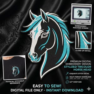 Disegno di ricamo stilizzato di testa di cavallo - Toppa grande per il petto, download digitale - File di ricamo maestoso di animale per uomini e ragazzi