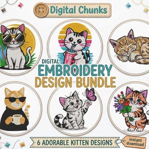 Paquete de diseños de bordado de gatitos adorables, 6 patrones de bordado digital de gatos kawaii, gato genial con gafas de sol, gatito durmiendo, gato floral