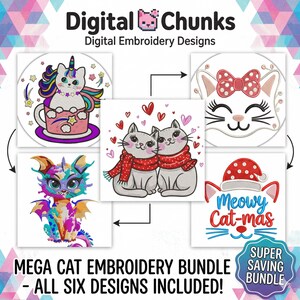 Mega Cat Embroidery Bundle, 6 Kawaii Kitten Designs, Christmas Cat, Unicorn Cat, Dragon Kitty, Love Hearts, Machine Embroidery Files