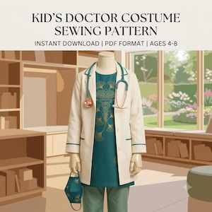 May include: A kid's doctor costume sewing pattern in PDF format for ages 4-8. The costume features a cream-colored lab coat with teal trim, a teal tunic with a gold caduceus and ginkgo leaf print, teal pants, a stethoscope, and a matching mask.