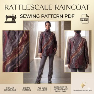 May include: A sewing pattern PDF for a Rattlescale Raincoat. The image shows a woman wearing the raincoat, which has a marbled pattern in shades of burgundy, gray, and gold. The text on the image includes "Instant Download", "Digital Pattern", and "All Sizes Included."