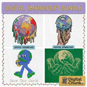 Save Our Earth Embroidery Design Bundle, Melting Planet Earth Ice Cream Cone, Hands Holding Globe, Environmental Awareness Digital File