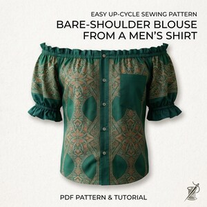 Könnte beinhalten: Grüne schulterfreie Bluse aus einem Herrenhemd mit einem geometrischen Muster in Braun und Gold. Die kurzen Ärmel haben Rüschenbündchen. Der Text auf dem Bild lautet: "EASY UP-CYCLE SEWING PATTERN BARE-SHOULDER BLOUSE FROM A MEN'S SHIRT PDF PATTERN & TUTORIAL."