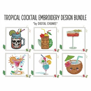 Lot de motifs de broderie cocktail tropical, fichiers de broderie Machine été Tiki boisson, motif boisson tête de mort Margarita noix de coco