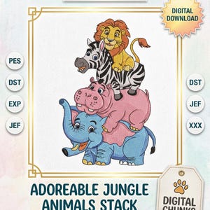 Pode incluir: Um desenho de bordado com uma pilha de animais da selva de desenho animado: um elefante, um hipopótamo, uma zebra e um leão. O desenho é em tons de azul, rosa, amarelo e preto. O texto na parte inferior diz "ADOREABLE JUNGLE ANIMALS STACK".
