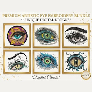 Paquete de diseños artísticos de bordado de ojos, 6 patrones únicos de pupilas místicas para bordado a máquina, archivos digitalizados de ojos bohemios, aplique de ojo grande