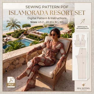 May include: A sewing pattern PDF for the Islamorada Resort Set. The image shows a woman wearing the resort set, which includes a top and pants with a tropical leaf pattern. The difficulty level is intermediate. Sizes available: US 2-20.