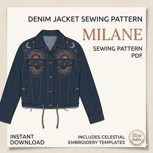 May include: A digital sewing pattern for a denim jacket, featuring celestial embroidery designs. The jacket illustration is dark blue with sun and moon motifs. Text includes "DENIM JACKET SEWING PATTERN", "MILANE", "SEWING PATTERN PDF", "INSTANT DOWNLOAD", and "INCLUDES CELESTIAL EMBROIDERY TEMPLATES".