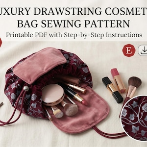 May include: A burgundy drawstring cosmetic bag with a floral pattern, open to display makeup items. The bag has a pink velvet interior and a matching flap. Text on the image reads "LUXURY DRAWSTRING COSMETIC BAG SEWING PATTERN".