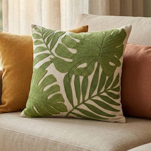 Green Embroidered Leaf Pillow, Monstera Throw Cushion, Tropical Botanical Decor, Neutral Couch Accent
